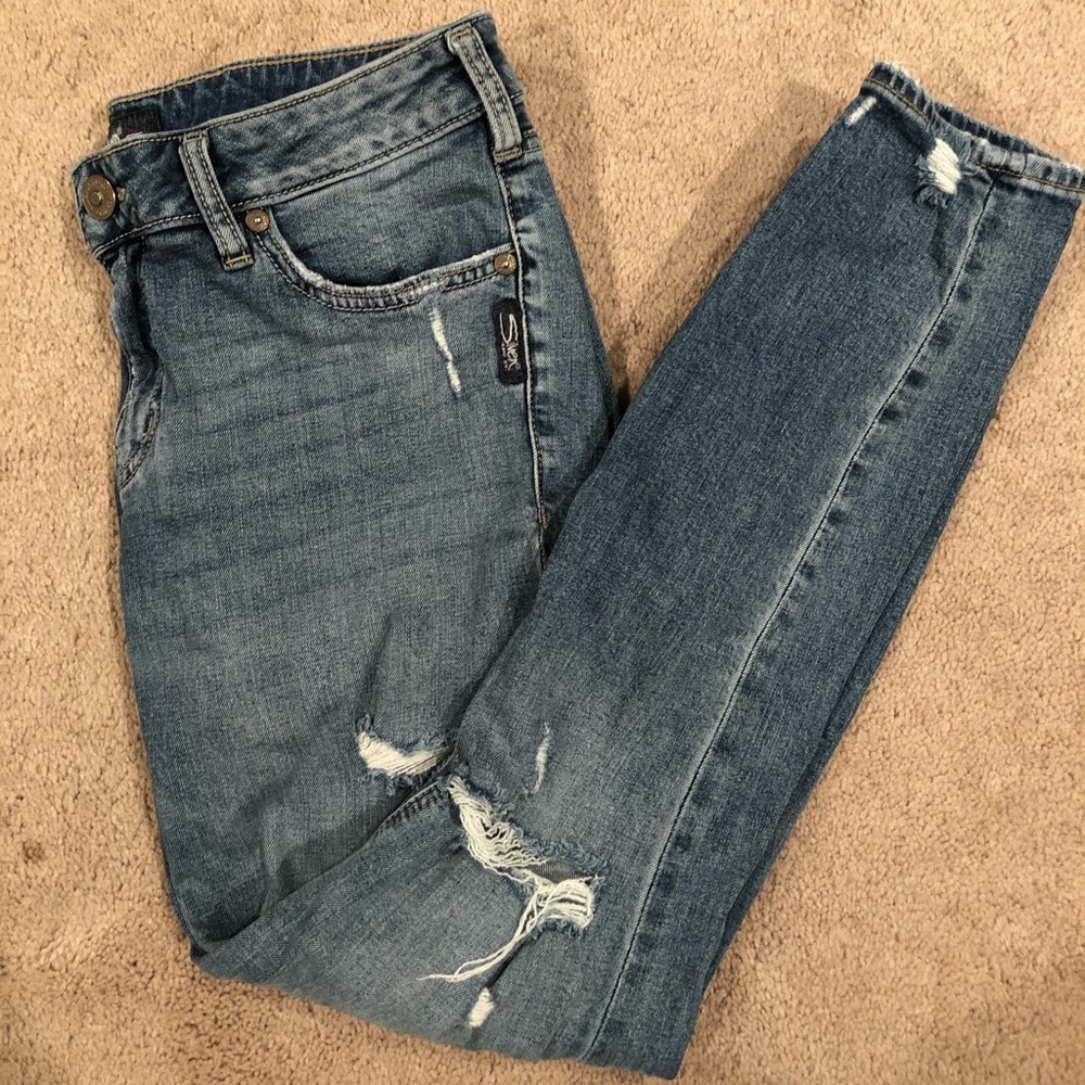 Silver skinny jeans with destruction